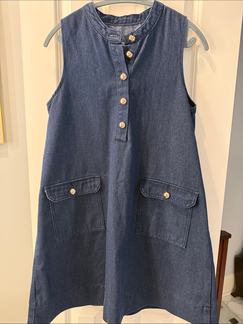 Sleeveless Denim Pocket Dress - Navy